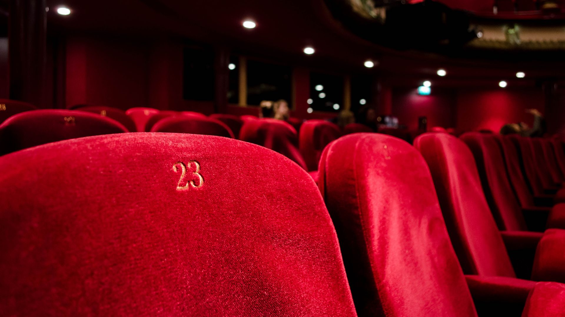Rijen rode zitjes in een donkere theaterzaal.